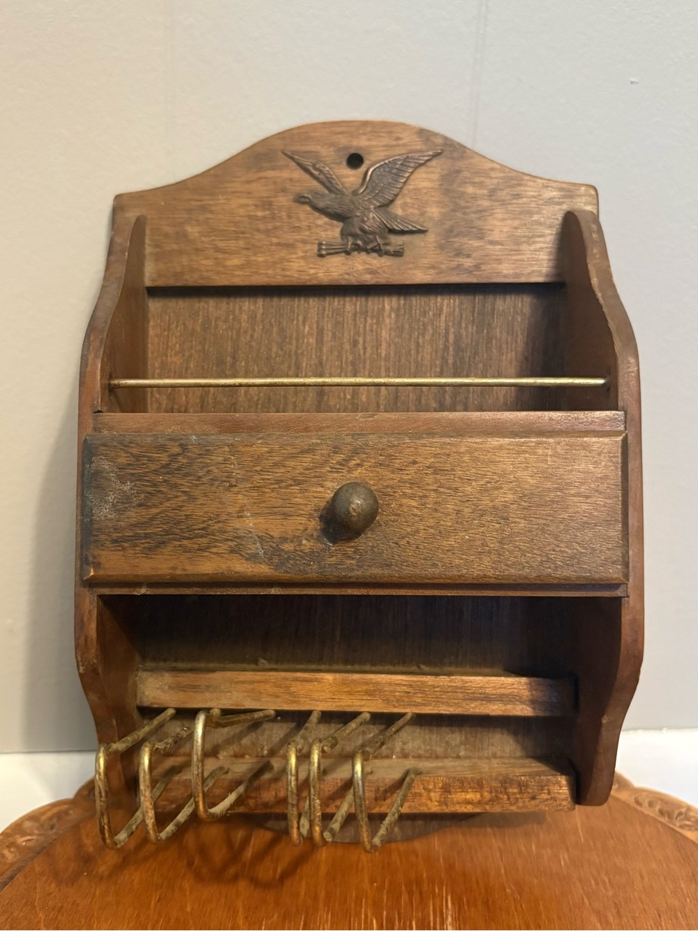 Wood Wall Tie Holder Organizer with Drawer and Shelf- Brown with Brass Accent